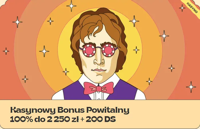 Bonus powitalny casino vinyl Okładka bonusu powitalnego casino vinyl 100% do 2 250 zł + 200 DS z postacią w okularach