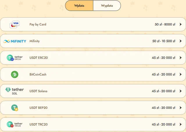Płatności w Vinyl Kasyno Lista metod płatności Vinyl Kasyno dla Polski: karta, Mifinity, USDT, BitcoinCash z limitami w złotych