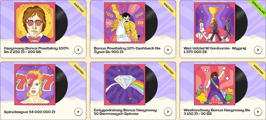 Promocje Vinyl Kasyno jako okładki płyt: bonus powitalny, cashback na żywo, konkurs, Spinoleague, weekendowy bonus
